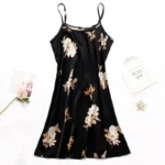 Women Nightwear Home Clothes Sexy Black Floral Printing Nightdress Sleepwear Nightshirts Silk Sleepshirts Nightgowns For Woman