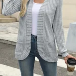 New fashion women's solid color casual pit stripe brushed cardigan jacket