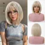 ALAN EATON Short Ombre Brown Synthetic Natural Bob Straight Wigs with Bang for Women Party Daily Use Heat Resistant Fiber - Image 7