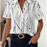 Women's simple  Dot Line Pattern Shirt Lapel Collar Short Sleeve Casual Button Up Shirts for Outfits Women Clothing