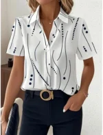 Women’s simple  Dot Line Pattern Shirt Lapel Collar Short Sleeve Casual Button Up Shirts for Outfits Women Clothing