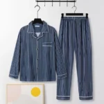 Casual Pure Cotton Men's Sleepwear Long Sleeve Long Pants Two-Piece Set Plaid Striped Simple Wearable Home Clothes - Image 2