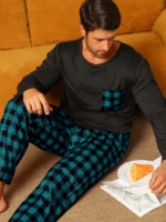 Two piece sets men’s pajamas autumn and winter long sleeved pants checkered sleepwear set