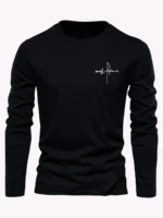 100% pure cotton men's long sleeved round neck loose casual letter cross pattern printed spring and autumn versatile T-shirt top - Image 4