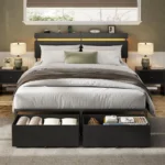 Queen Size Bed with Wooden Slat Support, Black Platform Design, Storage Drawers, Built-in Charging Station, LED Lighting, Metal - Image 4