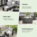Farini Patio Sectional Sofa Set, Outdoor Furniture with Ottoman, Water/Oil/Stain-Resistant Fabric, Dark Gray Cushion + Gray Wick - Image 4