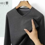 Men's Camel V-neck Long Sleeve Tee Slim Fit Soft Knit Pullover Spring & Autumn Shirt - Image 4
