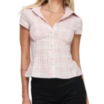 Women Summer Kawaii Solid Shirring Button Up Turn Down Collar Short Sleeve