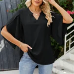 Women Summer Style Chiffon Blouses Shirts Lady Casual Short Flare Sleeve V-Neck