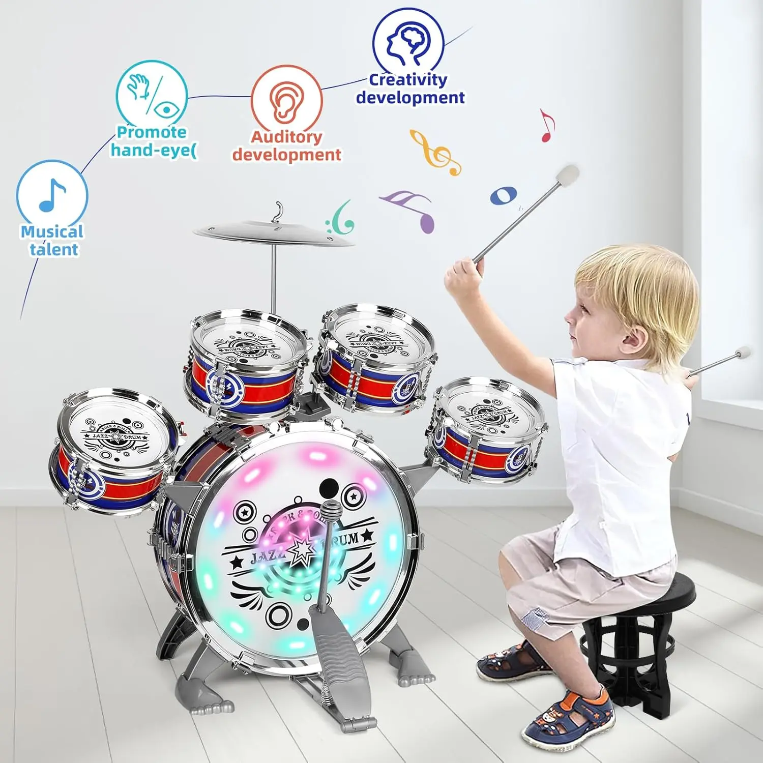S581fe75e79de426cb9a0edf62574b882K.webp Mini Jazz Drum Set 6 Drums with Stool Musical Instruments Toy Birthday Gift for Beginners Boys Girls (with LED Light) - Image 1