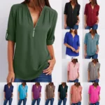 Women Cool Loose Shirt Deep V Neck Chiffon Fashion Blouse Casual Ladies Tops Sexy Zipper Pullover Plus Size