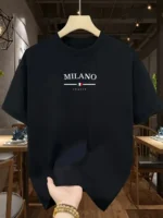 Men’s 100% pure cotton fashionable casual loose Italian style Milan letter printed round neck short sleeved T-shirt top
