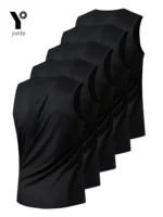 Men’s Sports Vest Black 5-Piece Breathable Round Neck Slightly Elastic Fabric Pure Color Suitable for Spring, Summer and Autum R