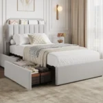 Twin Size Bed Frame with Storage Headboard & 2 Drawers, Kids Upholstered Platform Bed, No Box Spring Needed