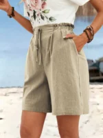 Women's spring and summer linen solid color shorts casual sports women's shorts three-quarter pants with drawstring shorts - Image 2