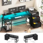 59″ Reversible Office Desk with Drawers, LED Lights & Power Outlet, Gaming & Home Computer Desk in Black