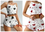 Women’s Pajamas Set Sleepwear 2 PCS Short Tank Tops And Shorts S M L White Ventilate Soft Casual Love Printing