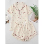 Cherry Print Textured Pajama Set Cute Short Sleeve Buttons Lapel Top & Elastic Shorts Women's Sleepwear - Image 7