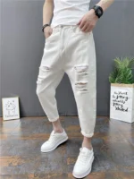 Korean Ankle-Length Distressed Jeans