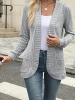 New fashion women’s solid color casual pit stripe brushed cardigan jacket
