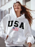 Women’s USA Flag Print Hoodie Casual Long Sleeve Hooded Pullover for Fall/Winter with Bold Lettering and American Flag Design