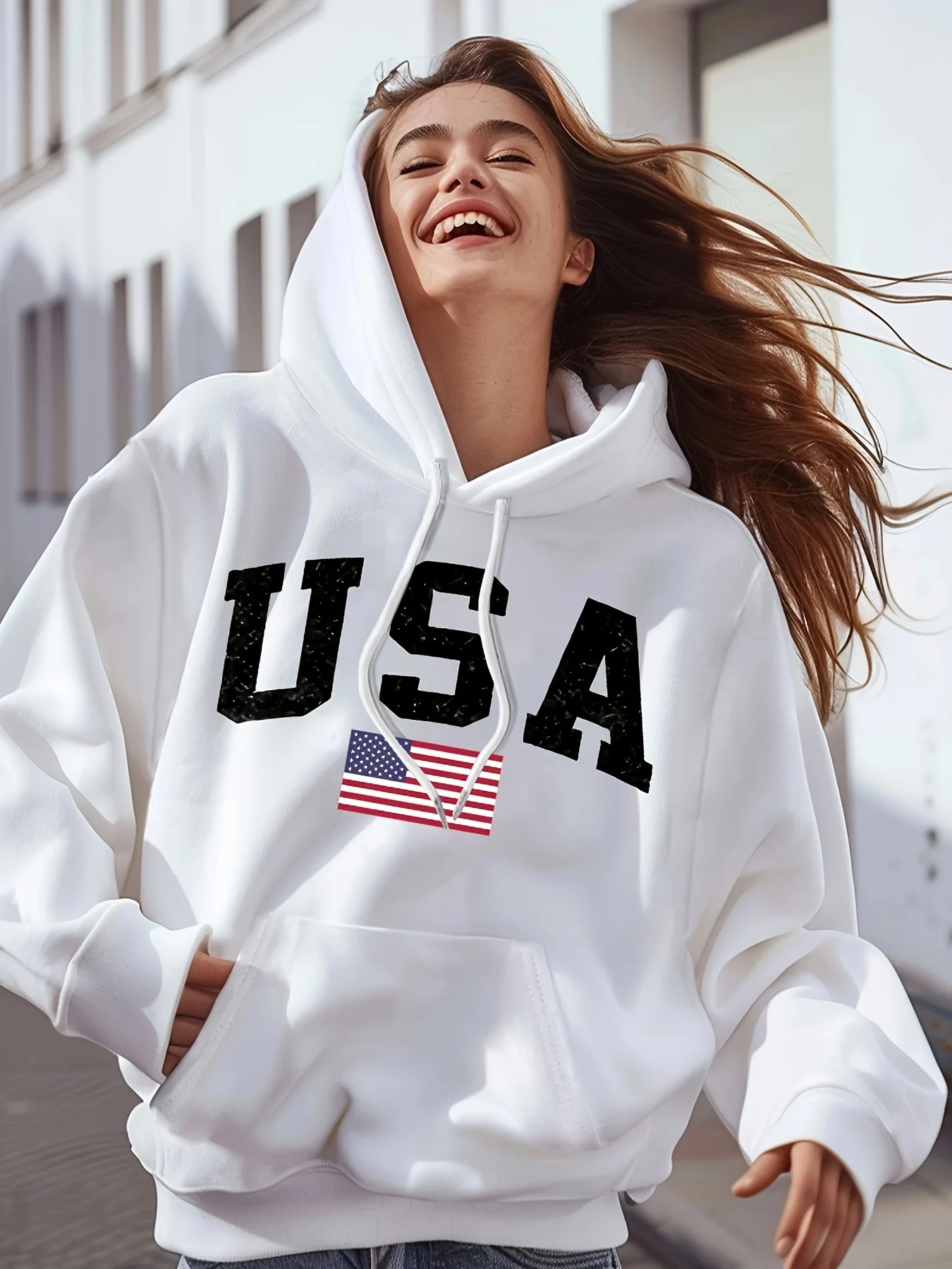 S5df9e3f050744e89b7d474cb86e7c2e6M.webp Women’s USA Flag Print Hoodie Casual Long Sleeve Hooded Pullover for Fall/Winter with Bold Lettering and American Flag Design