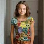 Girl Clothes Summer Cartoon Cat Graphic Children’s Clothing Kids Art Doodling Short Sleeve T Shirt Causal O-Neck Children Top