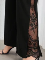 Women's plus size black elegant spring summer casual split lace patchwork loose elastic waist wide leg pants straight leg pants - Image 5