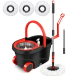 Spin Mop and Bucket Set with Wringer 360° Spinning, 4 Microfiber Mop Heads 61" Adjustable Handle Stainless Steel Floor Cleaner