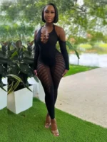 Mesh Jumpsuit For Women Sexy Club,Rhinestone Deep V One Piece - Image 3