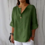 VEITCHE Spring Summer Women’s Shirt Blouses Top V-neck Button Tee Shirts  3/4 Sleeve