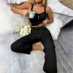 New Women’s two-piece pajama set with solid color lace edging sexy slim fit suspender and pants soft and comfortable pajamas set
