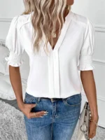 Women Summer Style Blouses Shirts Lady Casual Short Puff Sleeve V-Neck Solid Color Blouse Tops - Image 3