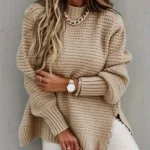 Chunky Knit Oversized Sweater With Side Slit And Mock Neck For Women