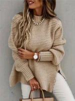 Chunky Knit Oversized Sweater With Side Slit And Mock Neck For Women