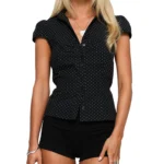 Women Summer Kawaii Solid Shirring Button Up Turn Down Collar Short Sleeve