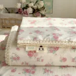 2026 Spring Summer Floral Print Double Gauze Bed Sheet with Fringe Lace Trim