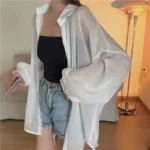 Semi Sheer Long Sleeve Shirt for Women Shimmer Button Down Collared Plain Lightweight