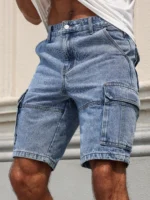 Men's summer blue regular denim shorts. Multi-pocket design. Stylish and casual. - Image 4