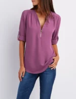 Women Cool Loose Shirt Deep V Neck Chiffon Fashion Blouse Casual Ladies Tops Sexy Zipper Pullover Plus Size