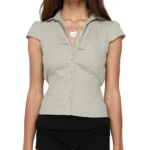 Women Summer Kawaii Solid Shirring Button Up Turn Down Collar Short Sleeve