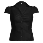 Women Summer Kawaii Solid Shirring Button Up Turn Down Collar Short Sleeve