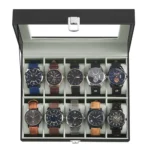 SONGMICS Watch Storage Box 10-Slot Case with Large Glass Lid Removable Pillow Synthetic Leather Gift for Men Women