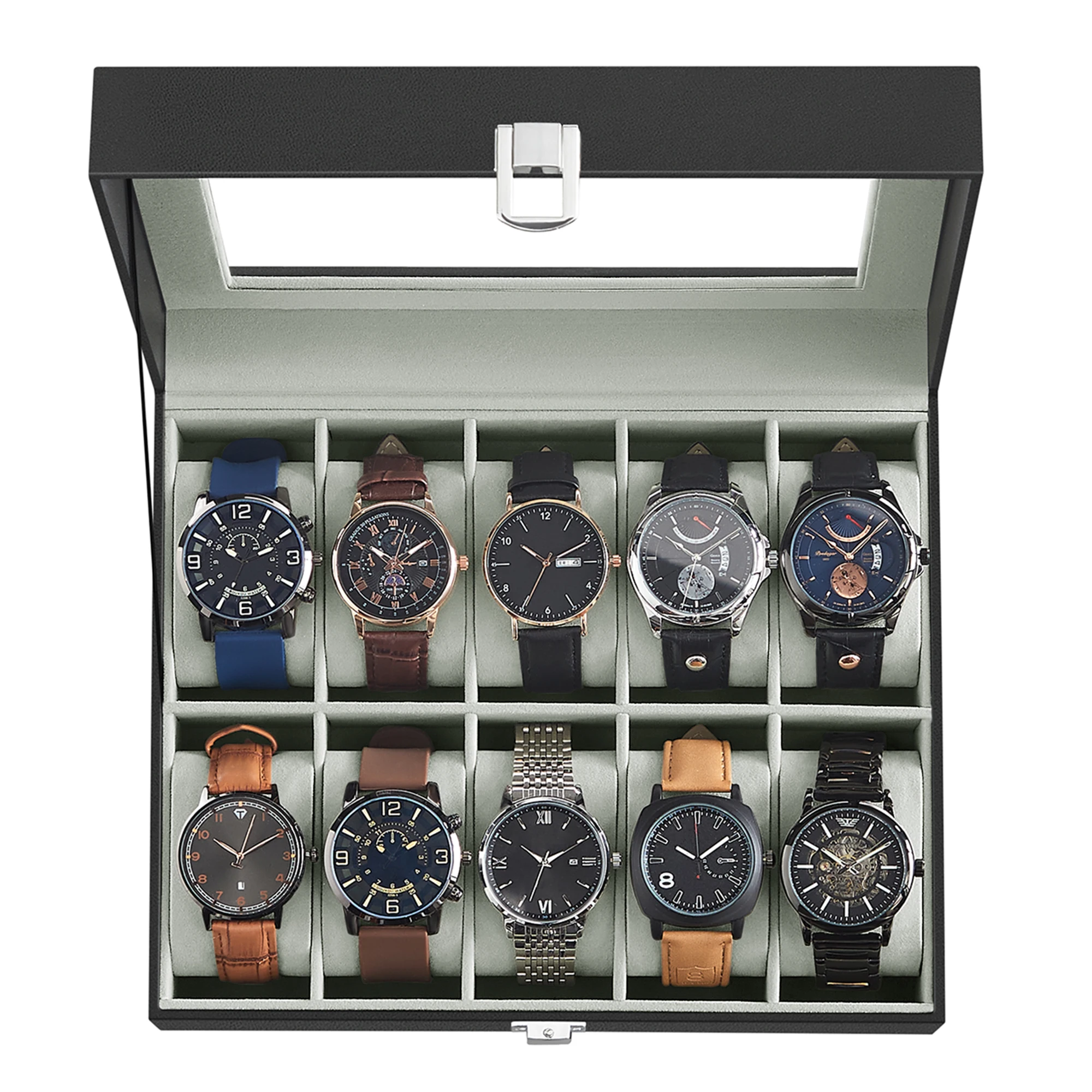 S660a6a95d48749529ee0e1172b631fd5h.webp SONGMICS Watch Storage Box 10-Slot Case with Large Glass Lid Removable Pillow Synthetic Leather Gift for Men Women - Image 1