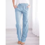 Women Cotton Linen Drawstring Pants Elastic Waist Casual Solid Color Trousers Baggy Loose Straight Leg Breathable Sweatpants - Image 2
