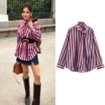 Women’s Loose Fit Striped Shirt Bow Single Breasted Simple Casual Female Top