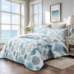 California King Coastal Quilt Set with Seahorse Design, Blue Nautical Bedding for Summer, 106”x118”
