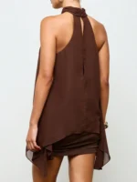 Women's Solid Color Chiffon Sleeveless Top Loose Casual Elegant Off-Shoulder Irregular Hem Flowy Chiffon Blouse - Image 2