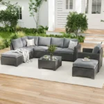 Farini Patio Sectional Sofa Set, Outdoor Furniture with Ottoman, Water/Oil/Stain-Resistant Fabric, Dark Gray Cushion + Gray Wick - Image 7