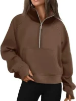 New Women's Spring Autumn Winter Stand Collar Plus Fleece Solid Color Hoodie Long Sleeve Pocket Loose Half Zip Pullover Hoodie - Image 13